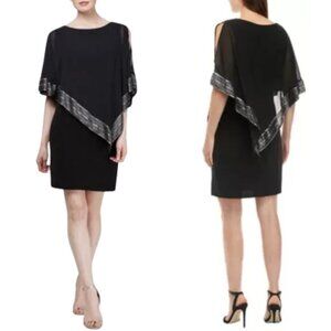 NWT SLNY Mylar Trim Asymmetrical Capelet Black & Silver Mini Dress Sz. 8